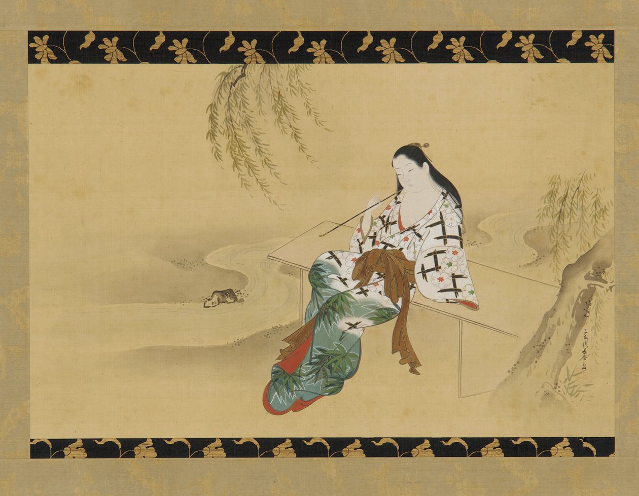 Landskap: en yujo sittende på en benk, 1700-tallet. av Miyagawa Chōshun