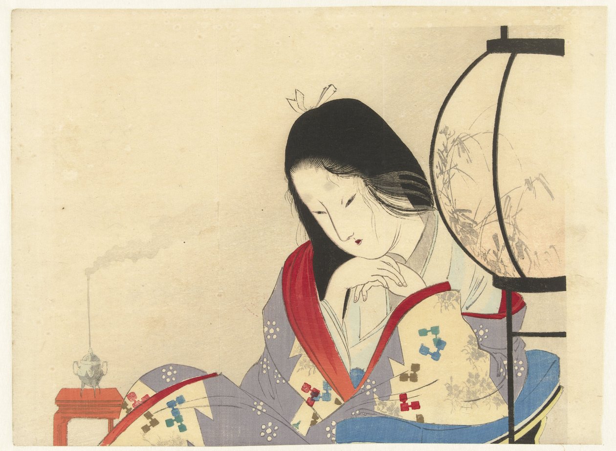 Kvinne i et interiør ved en lampe, 1890-1908 (fargetresnitt) av Mizuno Toshikata