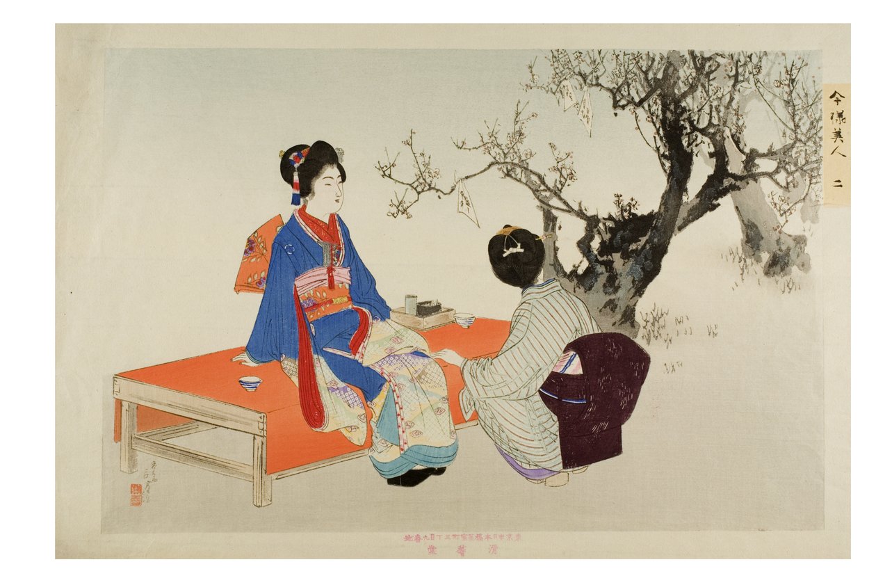 Nr. 2. Ser på plommeblomster fra serien Modern Beauties, ca. 1897-1899 (treblokk på papir) av Mizuno Toshikata