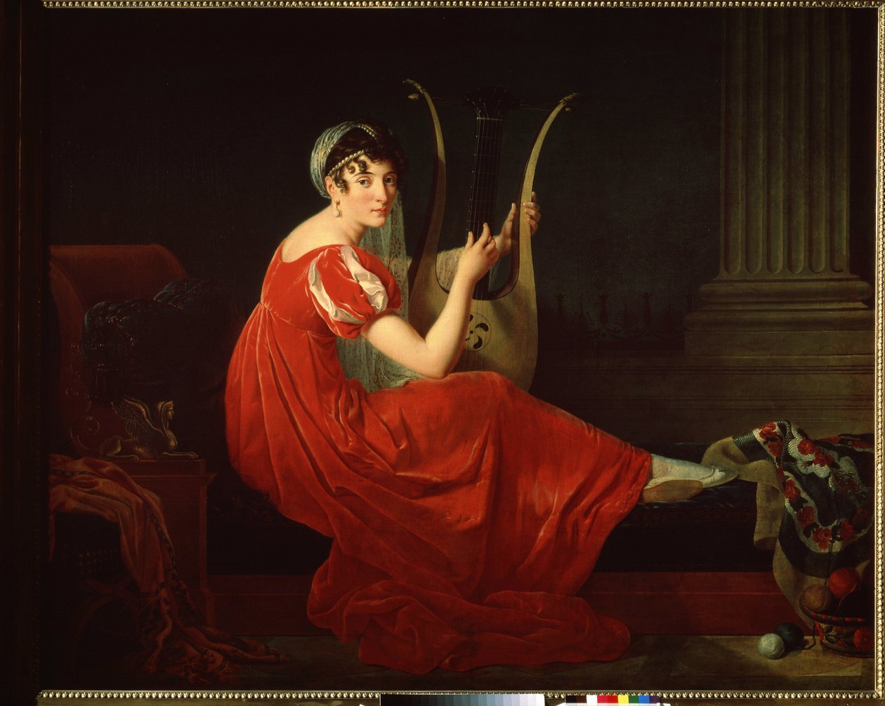 Portrett av Josephine Budayevskaya. Elegant kvinne med harpe. Maleri av Mademoiselle Riviere (1780-?) av Mlle Riviere