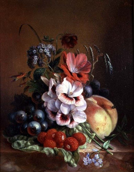 Stilleben av frukt og blomster av Mme. A. van Ravensway