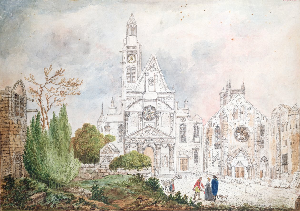 Fasade til den gamle kirken Saint-Genevieve og Saint-Etienne-du-Mont, 1807 (wc på papir) av Mme. Duchateau