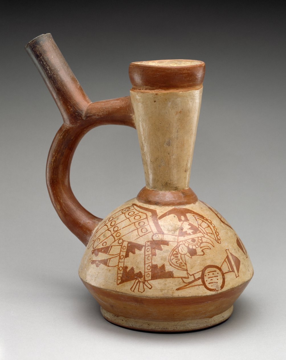 Krukke med to uglekrigere, 400-600 (keramikk med bikrom slip-maleri) av Moche