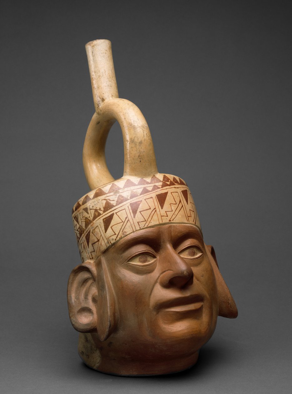 Portrait Head Vessel, Moche IV, 400-600 (keramikk med bikrom slip-maling) av Moche