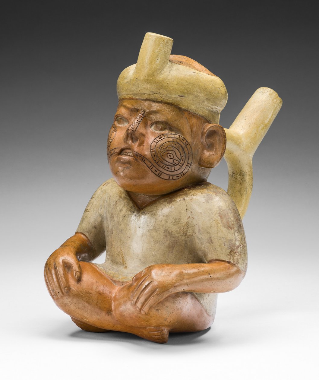 Portrettfartøy av en mann med leppespalte og tatoveringer, 100 f.Kr.-A.D. 500 av Moche