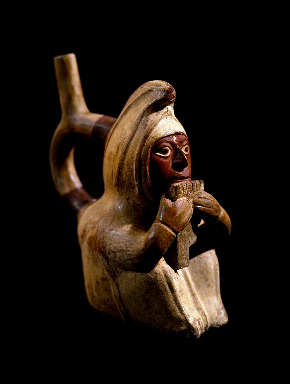 Precolombiansk kunst, Mochic sivilisasjon (stygg, Mochica): antropomorf vase som representerer en panfløytespiller. 200 f.Kr.-700 e.Kr. Göteborg, etnografisk museum - førkolumbiansk kunst, mochekultur (200 - 700 e.Kr.): antropomorf vase som viser en panflø av Moche Moche