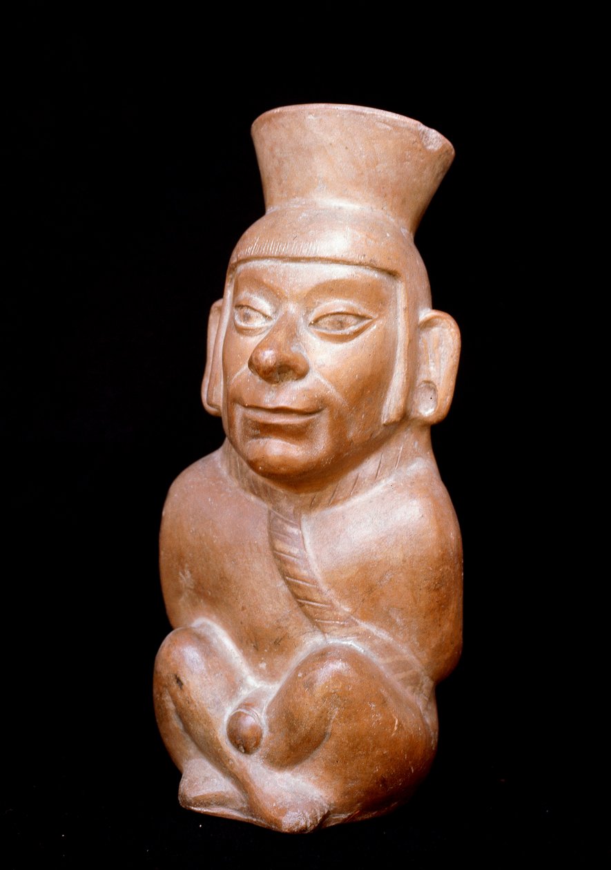 Precolombiansk kunst, Mochic sivilisasjon (stygg, mochica): antropomorf terrakottaflaske som representerer en fange før hans offer (han bærer et tau rundt halsen og hendene bundet i ryggen). 200 f.Kr.-700 e.Kr. Lima, Nasjonalmuseet for antropologi og av Moche Moche
