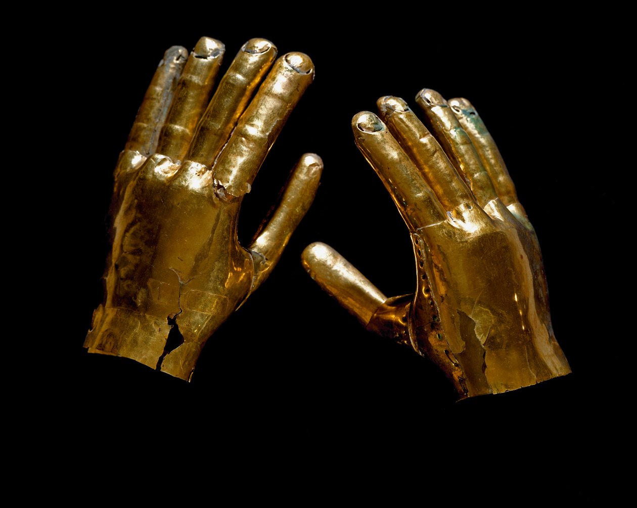 Precolombiansk kunst, Mochica-kultur (Moche, mochique): begravelseshender i gull. 200-500 apr. JC Lima, Musee de l