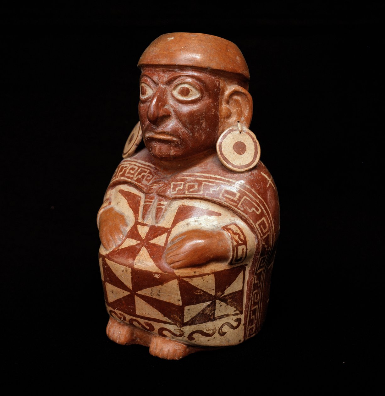 Precolombiansk kunst, mochic sivilisasjon (stygg): vase som representerer "" Tekstil" - 200 BC-700 AD. Lima, Nasjonalmuseet for antropologi og arkeologi, Peru - førkolumbiansk kunst, Moche-sivilisasjon (Mochica-kultur), antropomorfisk flaske av Moche Moche