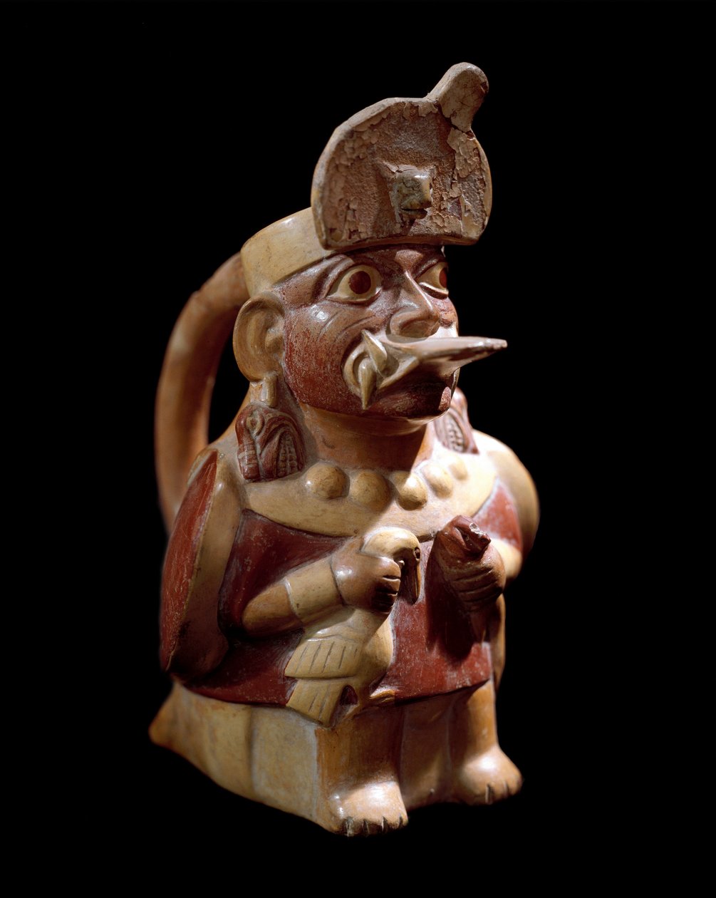 Precolombiansk kunst, mochic sivilisasjon (stygg, Mochica): antropomorf vase som representerer en prest som ofrer to dyr. 200 f.Kr.-700 e.Kr. Lima, Museo Nazionale di Antropologia e Archeologia - Pre-columbiansk kunst, Moche-kultur (200 - 700 e.Kr.): antro av Moche Moche