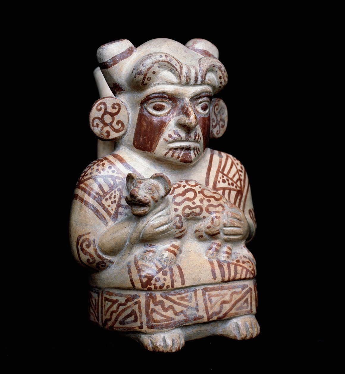 Pre-colombiansk kunst, moche-sivilisasjon (stygg, mochica): en Mochica-høvding med en felin i armene. Antropomorf leirvase. 200 f.Kr.-700 e.Kr. Lima, Nasjonalmuseet for antropologi og arkeologi, Peru av Moche Moche