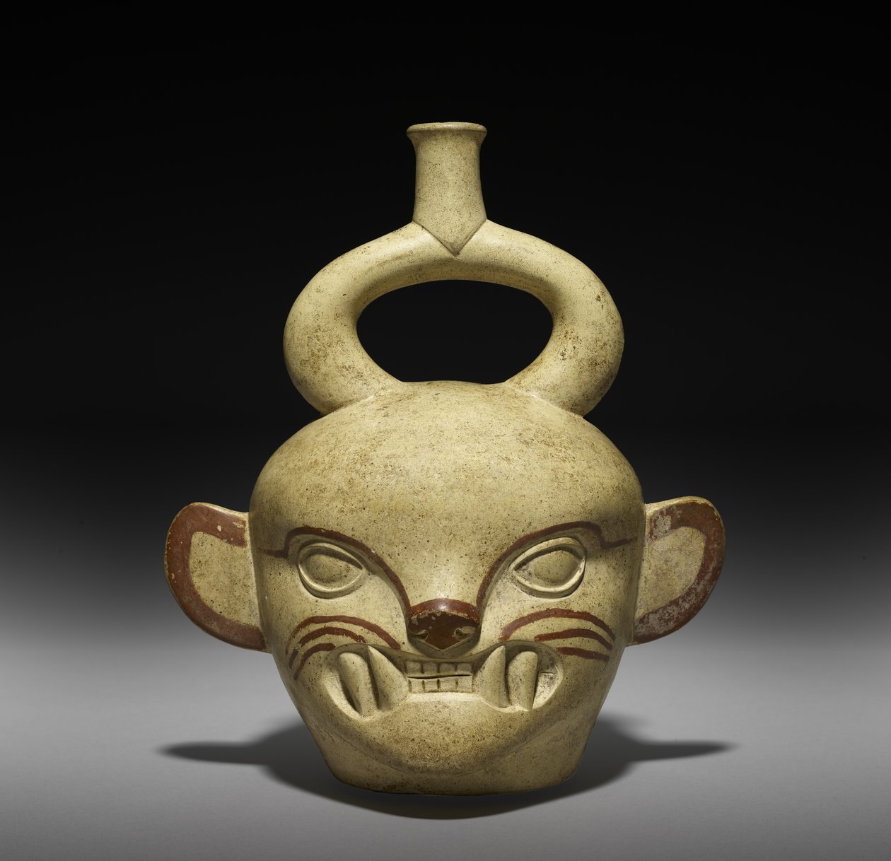 Fartøy i form av et kattehode, AD 100-800 (keramikk med slip) av Moche Moche
