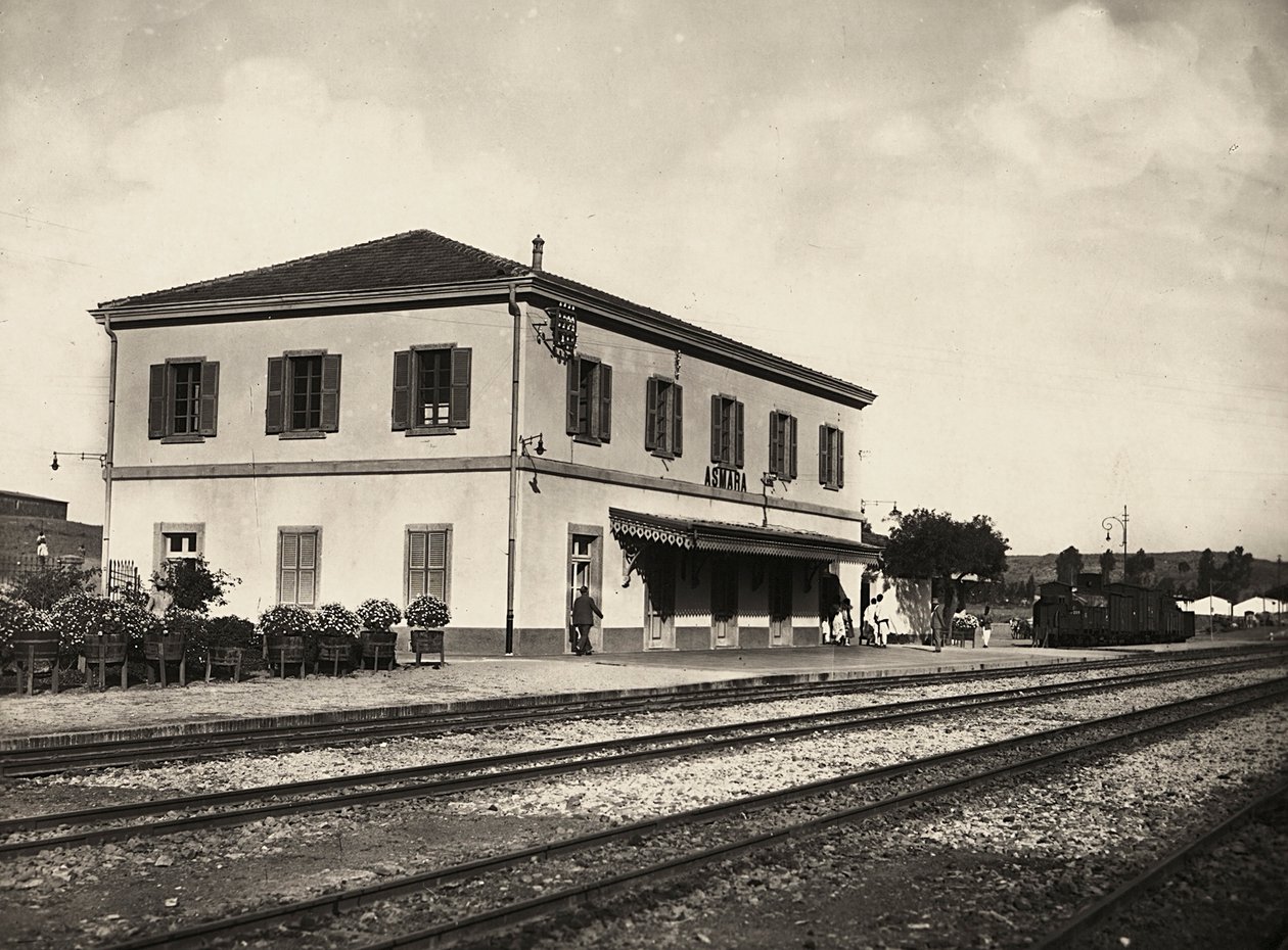 Building an Empire i den fascistiske tidsalderen: Jernbanestasjonen i Asmara, 09.05.1936 (s/hvitt-bilde) av Modestino Baldinetti