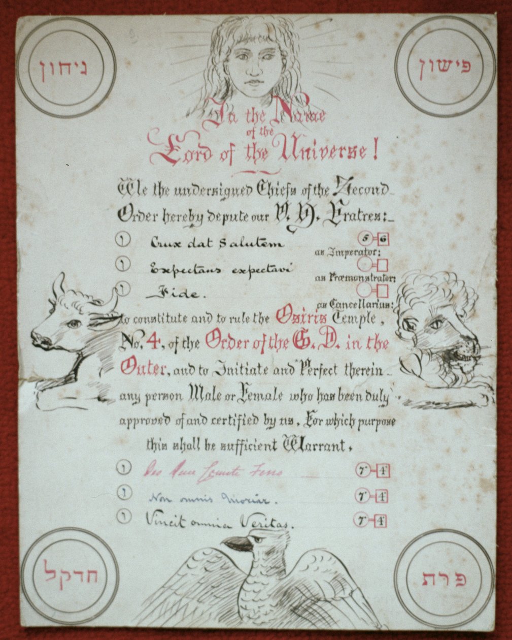 Charter for Osiris Temple No.4 of the Hermetic Order of the Golden Dawn, 1888 (penn og blekk på kort) av Moina Mathers