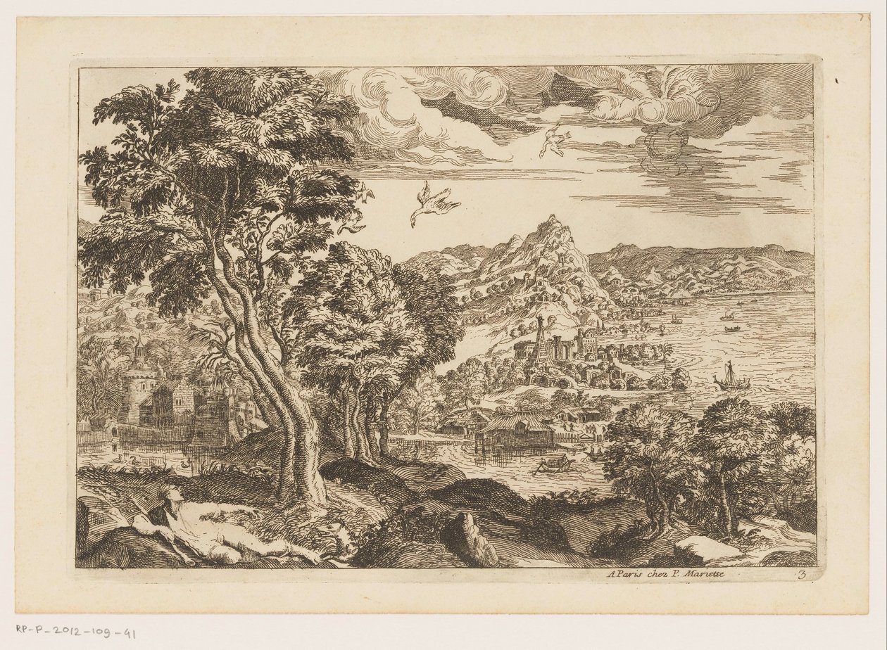 Kystlandskap med flygende fuglelandskap etter Titian (serietittel) av Moise Jean Baptiste Fouard