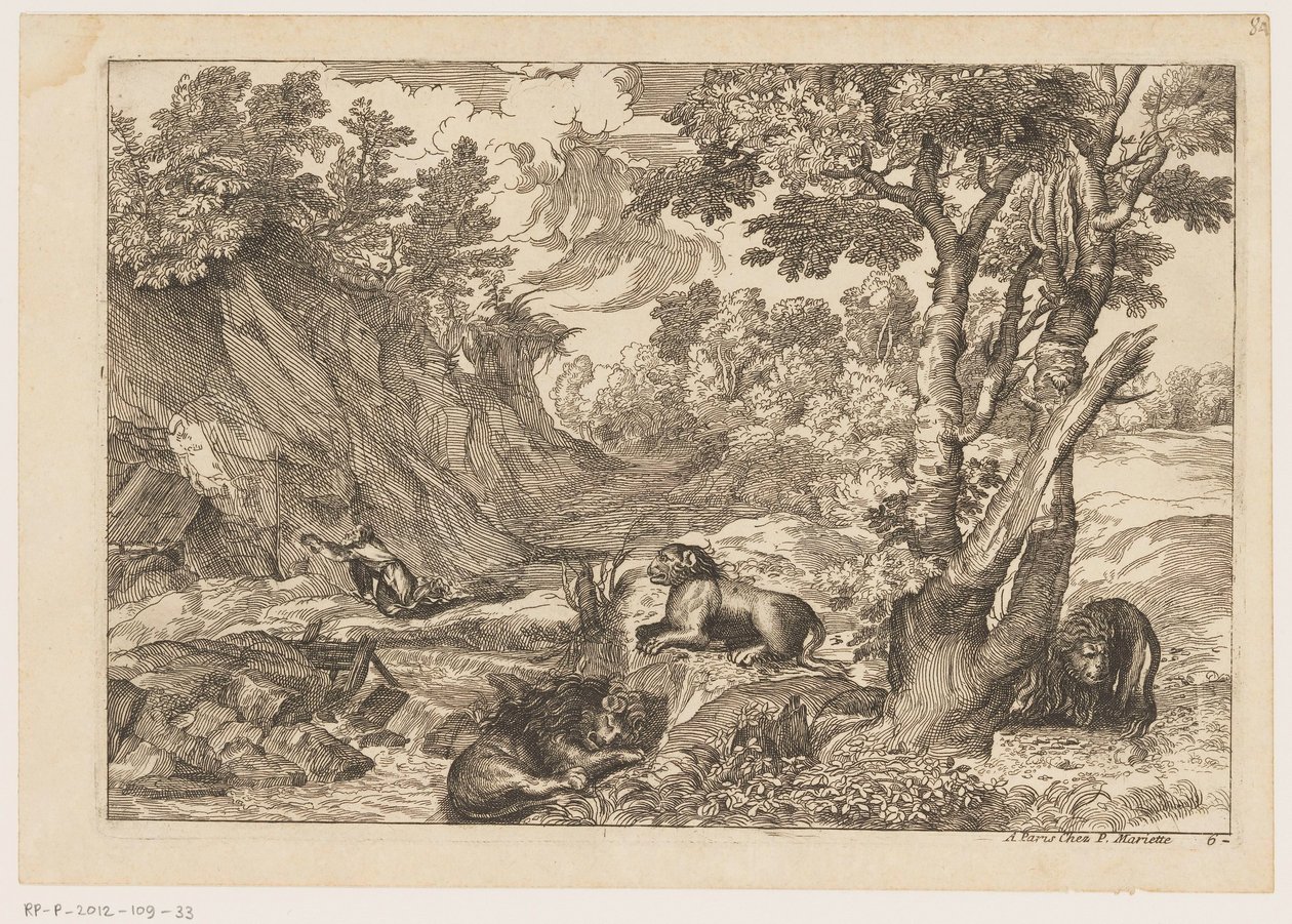 Landskap med den angrende Jerome og tre hvilende løver Landskap etter Titian (serietittel) av Moise Jean Baptiste Fouard