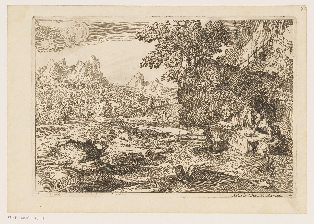 Landskap med Saint Jerome med to kjempende løver Landskap etter Titian (serietittel) av Moise Jean Baptiste Fouard