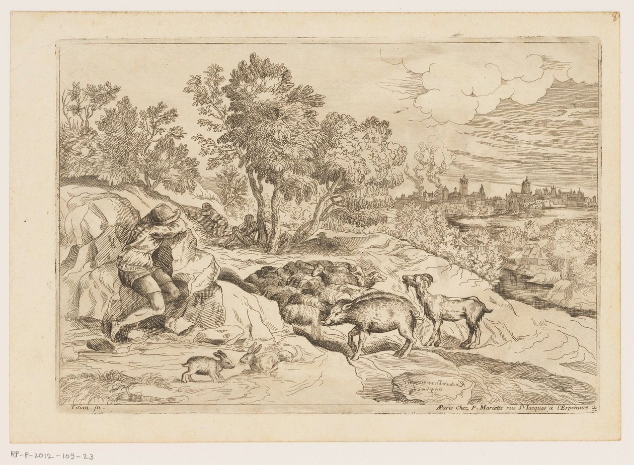 Landskap med tre gjetere som hviler med en flokk Landskap etter Titian (serietittel) av Moise Jean Baptiste Fouard