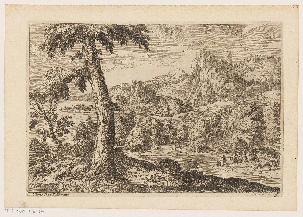 Landskap med figurer langs en elv Landskap etter Titian (serietittel) av Moise Jean Baptiste Fouard