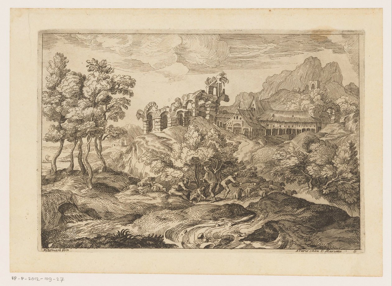 Landskap med hyrder med en flokk ved en ruin Landskap etter Titian (serietittel) av Moise Jean Baptiste Fouard