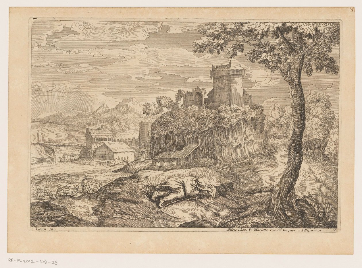 Landschap met rustende herder, op de achtergrond een rivier met brug en watermolen Landschappen naar Titiaan (series title)   1341832   no       norwegian Successfully Translated  Original: Landscape with Three Gabled Cottages Beside a Road Translat: Lands av Moise Jean Baptiste Fouard
