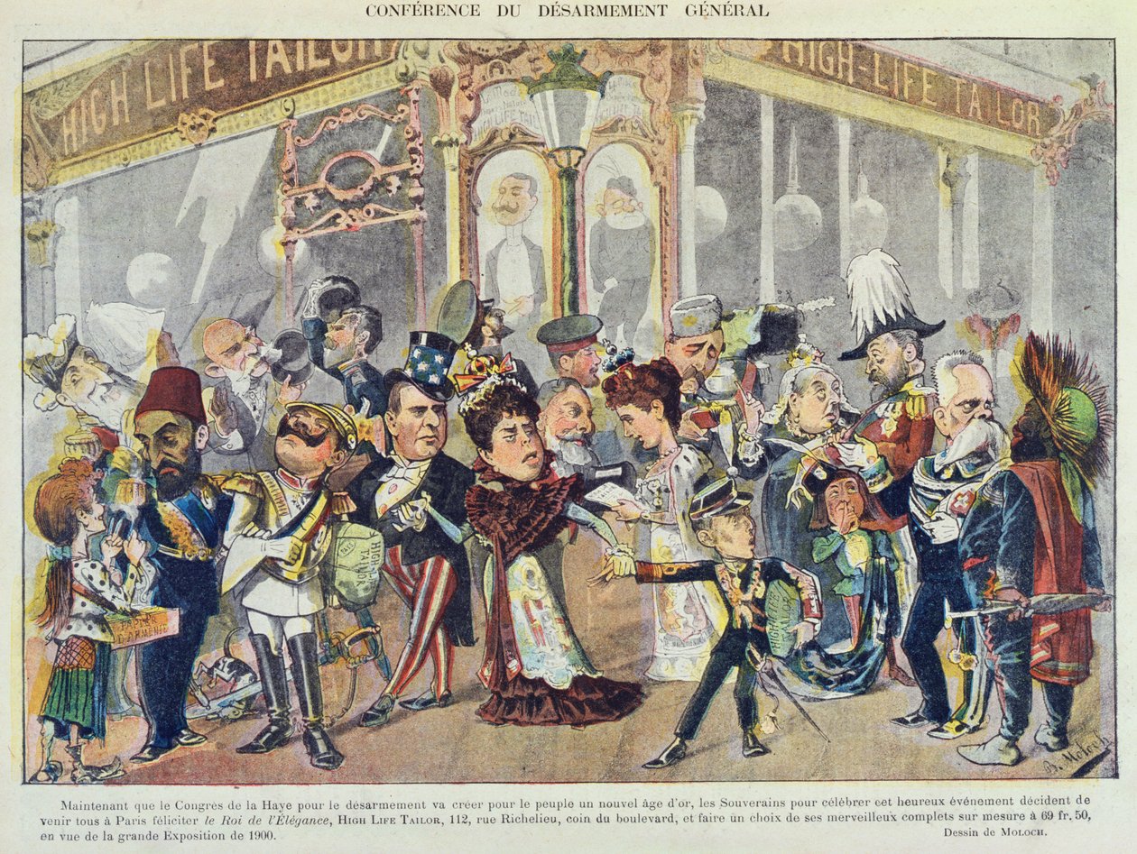 Annonse for en parisisk klesutstyr som refererer til den første fredskonferansen i Haag i 1899, fra 'Le Rire' Magazine, 1899 av Moloch