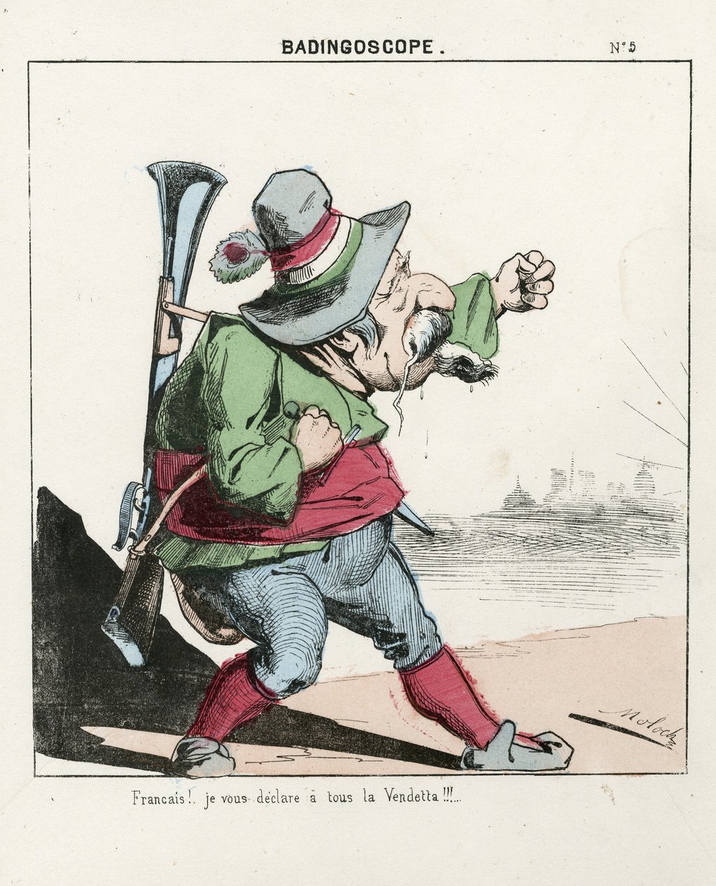 Flyvende blad, nummer 5, Satirisk i farger, ca. 1870: Badingoskop - Kommune i Paris/Krig/Beleiring, Jakt, republikkens president - Napoleon III - Illustrasjon av Moloch (1849-1909) av Moloch