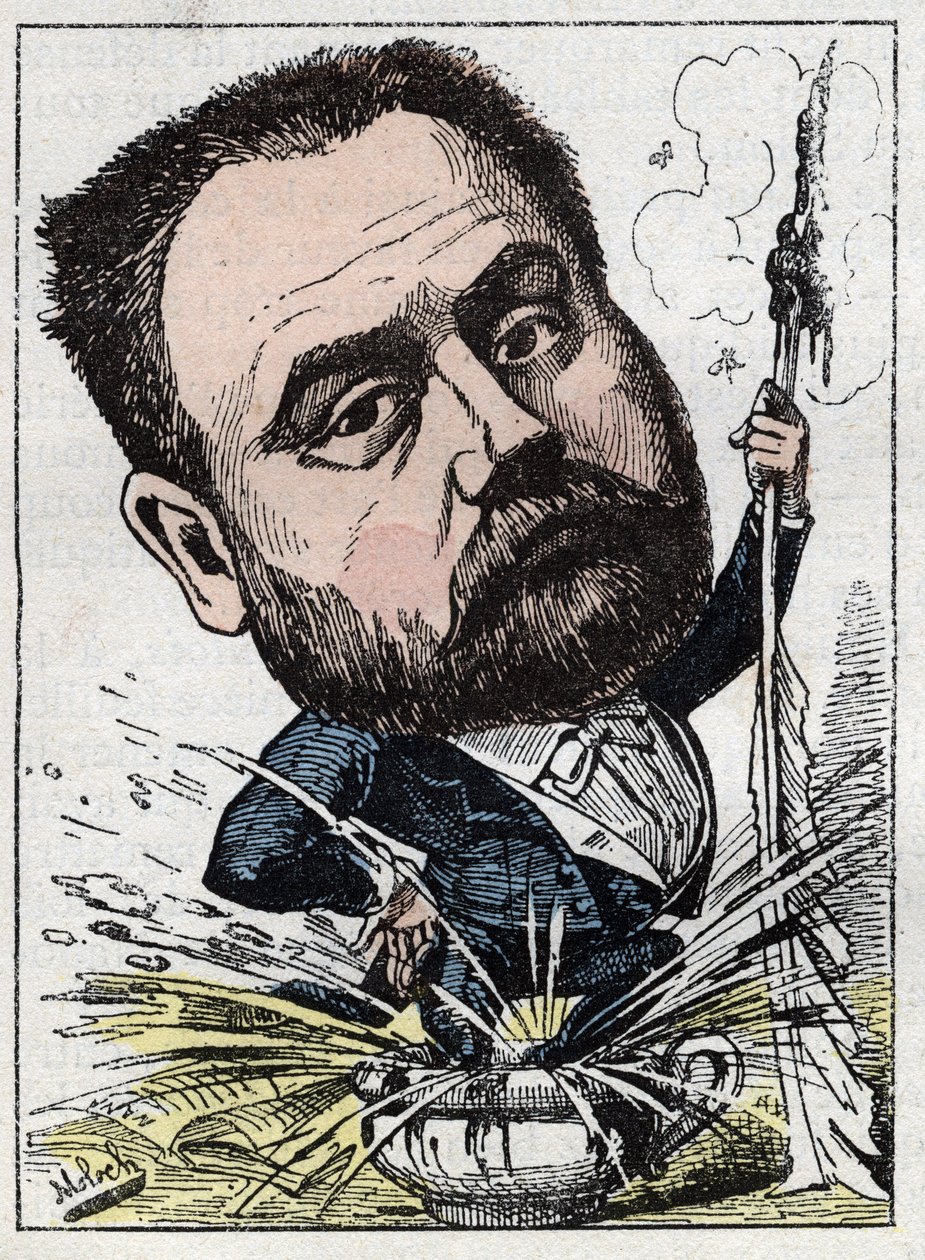 Portrait of Emile Zola (1840-1902) French writer in “” Le Trombinoscope”” by Touchatout, caricature by B. Moloch of 1882 (1849-1909). Private collection. av Moloch