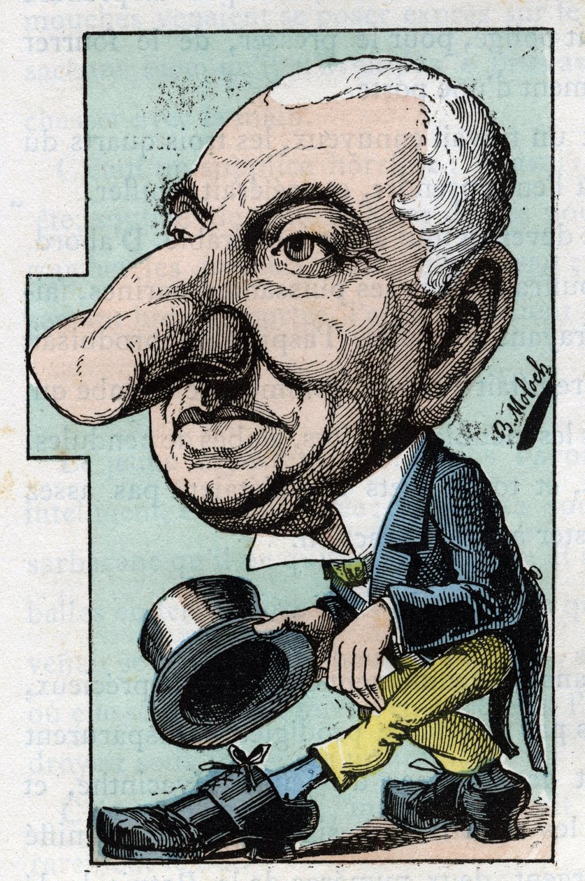 Portrett av Louis Hyacinthe Duflost, Dit Hyacinthe (1814-1887) komiker og operettsanger i "" Le Trombinoscope""" av Touchatout, karikatur av B. Moloch fra 1882 (1849-1909). Privat samling. av Moloch