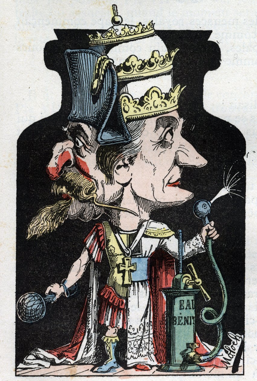 Allegorie du Concordat (sign between Pius VII and Bonaparte) of 1801 represented by Moloch as a compression device with Napoleon III and the Pope av Moloch