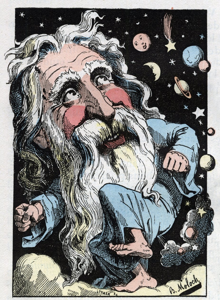 Allegory of God in "The Trombinoscope"" av Touchatout, tegneserie av B. Moloch fra 1882 (1849-1909). Privat samling. av Moloch