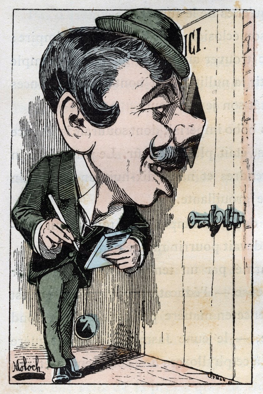 Allegori om en "" reporter "" (journalist) i "" Le Trombinoscope"" av Touchatout, tegneserie av B. Moloch fra 1882 (1849-1909). Privat samling. av Moloch