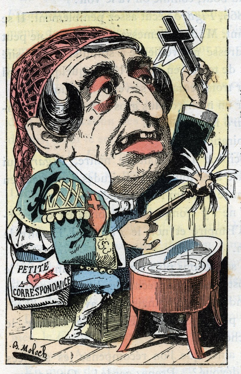 Allegori av den franske avisen Le Figaro i "" Le Trombinoscope"" av Touchatout, tegneserie av B. Moloch fra 1882 (1849-1909). Privat samling. av Moloch