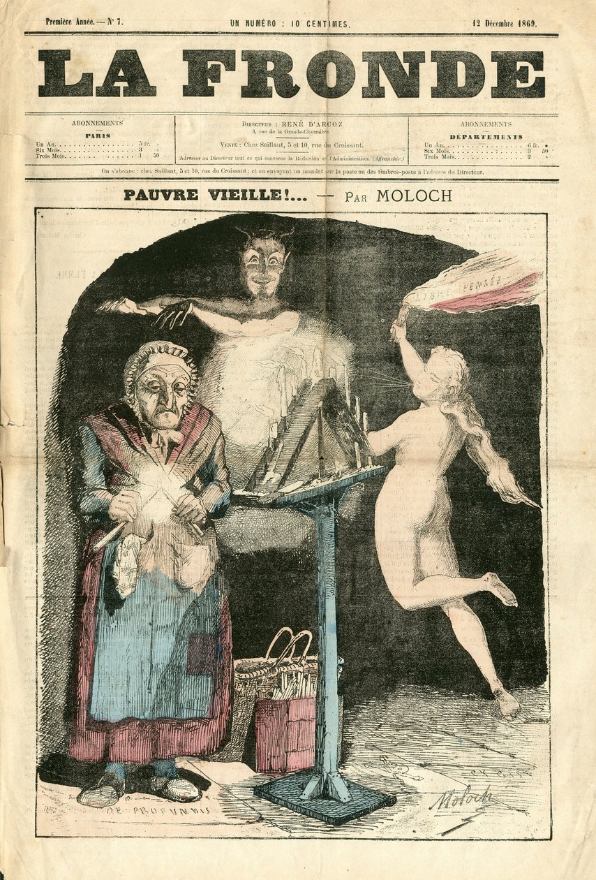 Omslag til “La Fronde (1869-1870)”, nummer 7, satirisk i farger av Moloch