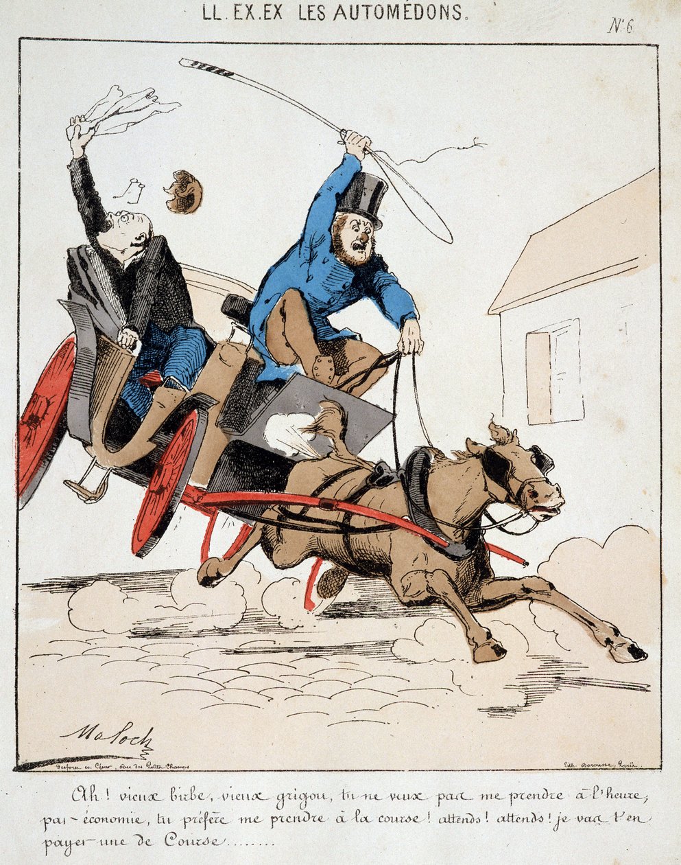 HAN. EX. EX. Motoredons: Tegneserie av transport i byen. En kusk leder en borgerlig i alle tempo i byen under påskudd av at han nekter å betale ham i tide, men vil betale ham for løpet. Tegning av Moloch (1849-1909), rundt 1860. av Moloch