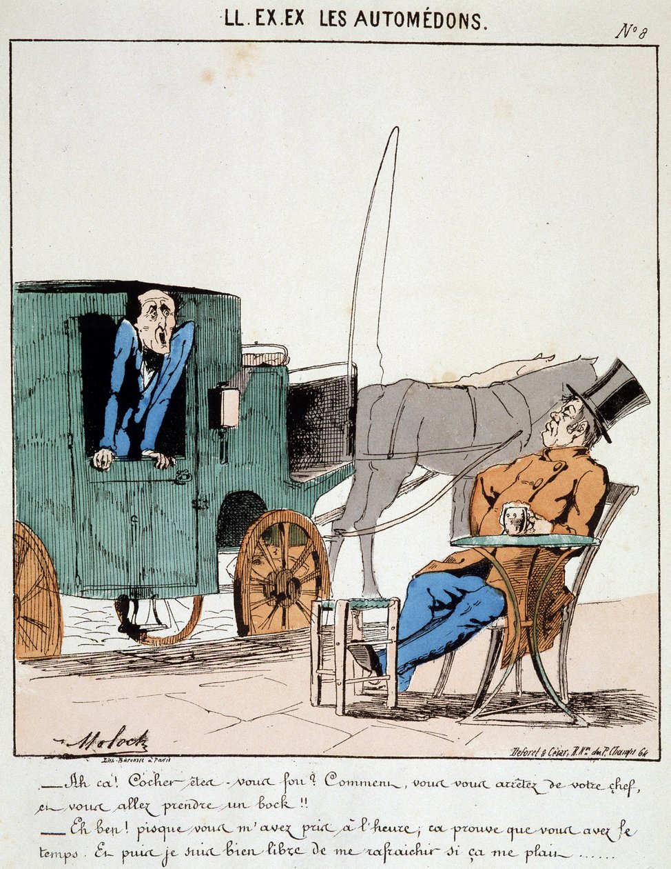 HAN. EX. EX. Motoredons: Tegneserie av transport i byen. En kusk betaler i tide stopper på en kafé for å ta en bock under rasene til den borgerlige han bærer. Tegning av Moloch (1849-1909), rundt 1860. av Moloch