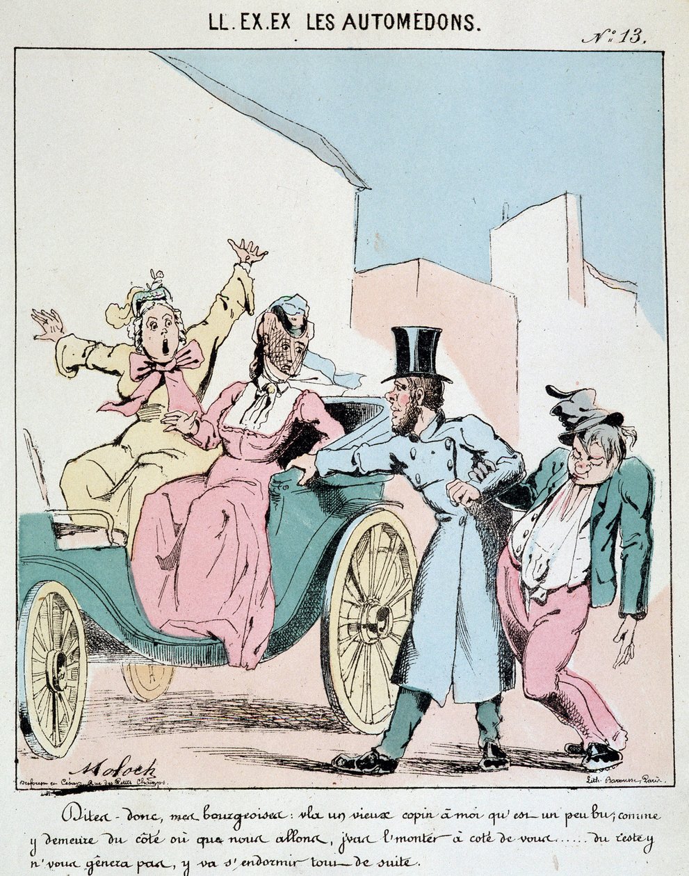 HAN. EX. EX. Motoredons: Tegneserie av transport i byen. En kusk tar med seg en full venn inn i vogna ved siden av to forferdede borgerlige kvinner. Tegning av Moloch (1849-1909), rundt 1860. av Moloch