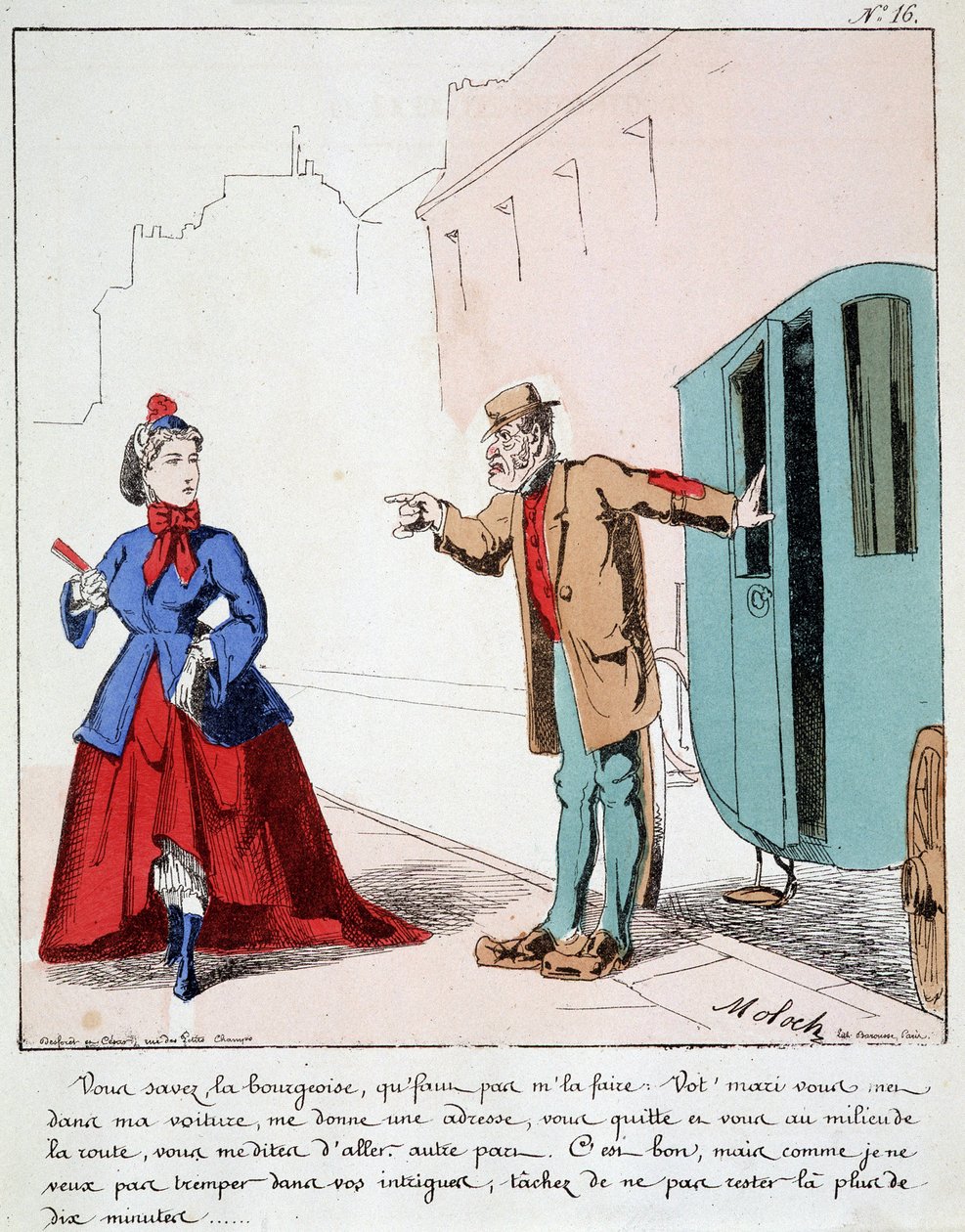 HAN. EX. EX. Motoredons: Tegneserie av transport i byen. Kusken irettesetter en borgerlig som går til parken mens mannen hennes ba sjåføren om å kjøre henne til et annet sted. Tegning av Moloch (1849-1909), rundt 1860. av Moloch