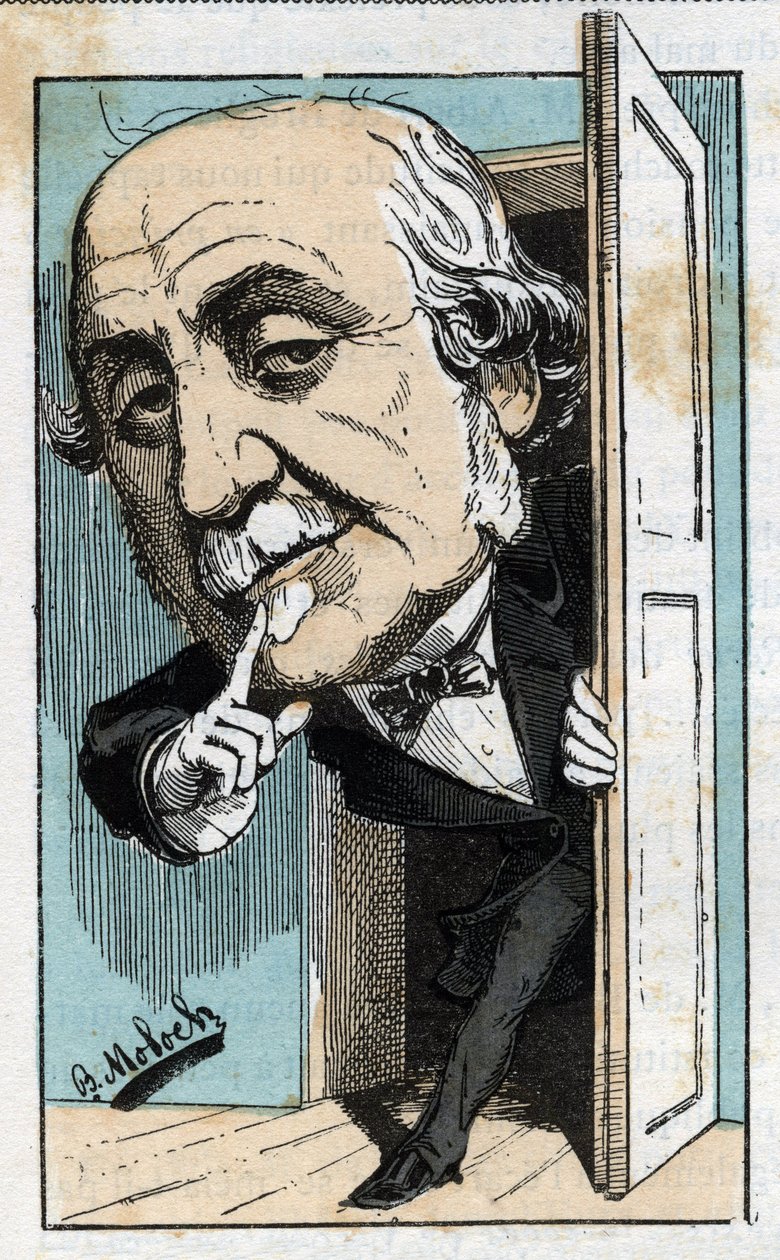 Portrett av Albert, hertug av Broglie (1821-1901), fransk historiker og politiker i "Le Trombinoscope"" av Touchatout, tegneserie av B. Moloch fra 1882 (1849-1909). Privat samling. av Moloch