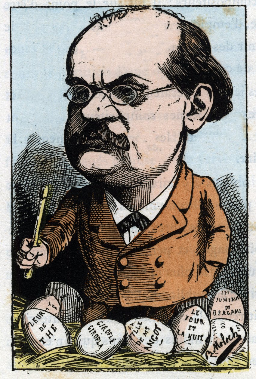 Portrett av Alexandre Charles Lecocq (1832-1918), fransk komponist i "" Le Trombinoscope"" av Touchatout, karikatur av B. Moloch fra 1882 (1849-1909). Privat samling. av Moloch