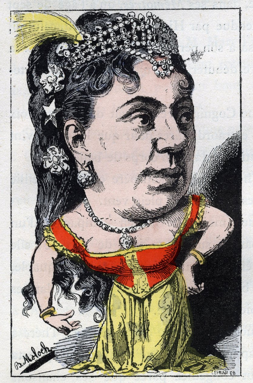 Portrett av Emma Valladon dit Theresa (1837 -1913) sanger av fransk kabaret i "" Le Trombinoscope"" av Touchatout, tegneserie av B. Moloch fra 1882 (1849-1909). Privat samling. av Moloch