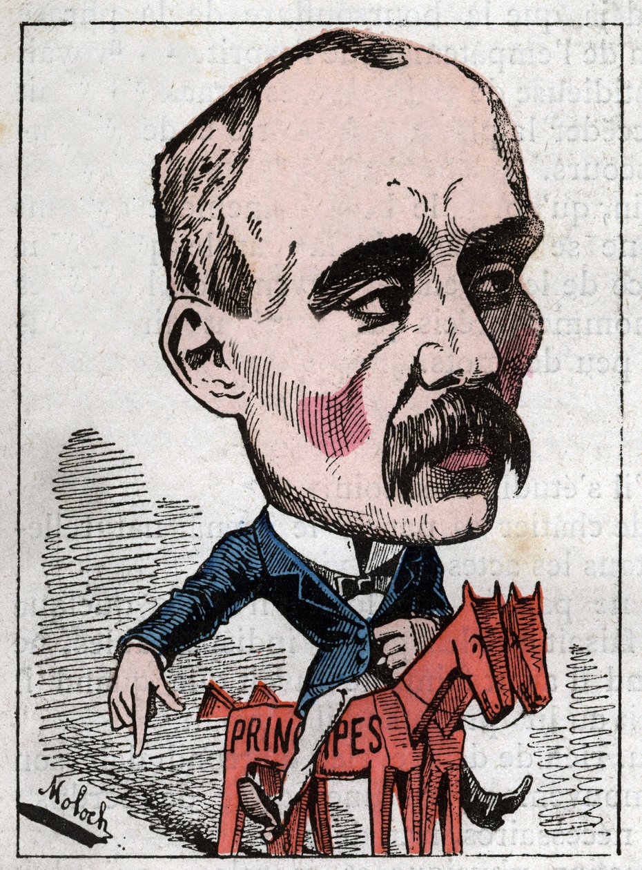 Portrait of Georges Clemenceau (1841-1929) politician in “Le Trombinoscope”” by Touchatout, caricature by B. Moloch of 1882 (1849-1909). Private collection. av Moloch