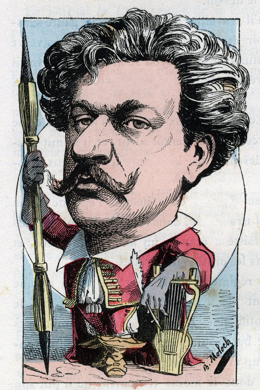 Portrait of Louis Alexandre Gosset de Guines dit Andre Gill (1840 - 1885) French poet painter in “” Le Trombinoscope”” by Touchatout, cartoon by B. Moloch of 1882 (1849-1909). Private collection. av Moloch