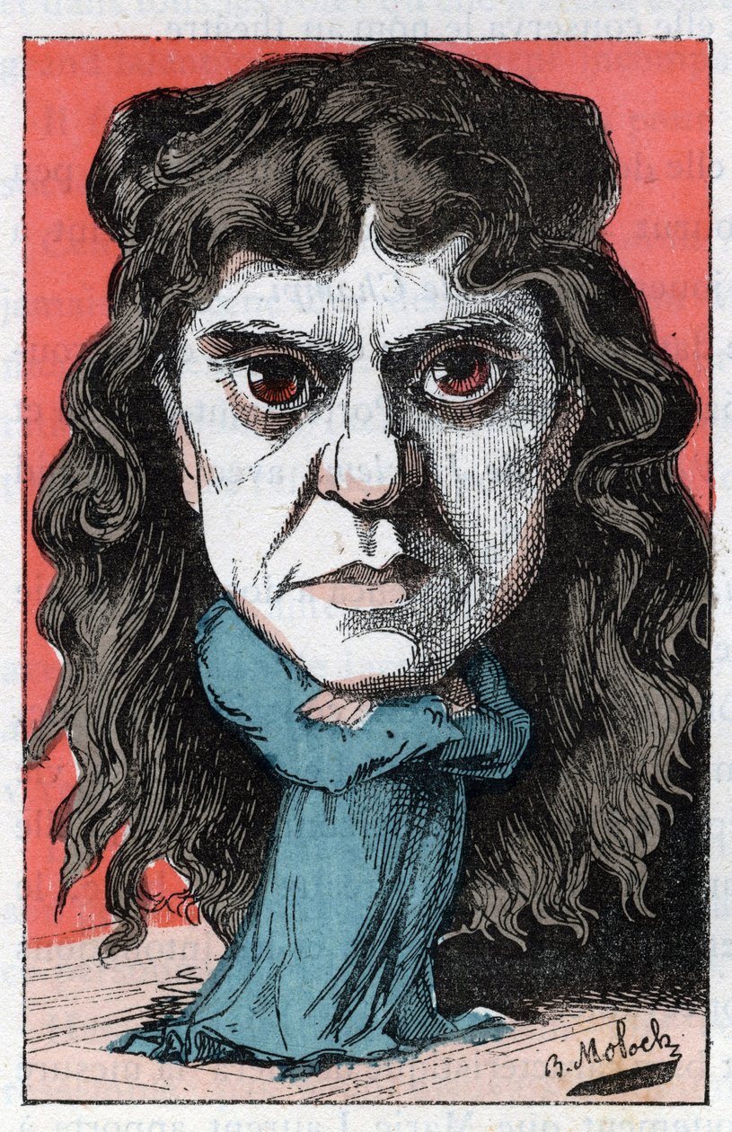 Portrett av Marie Laurent eller Marie LUGUET Fransk dramatisk kunstner fra 1800-tallet i "" Le Trombinoscope""" av Touchatout, karikatur av B. Moloch fra 1882 (1849-1909). Privat samling. av Moloch