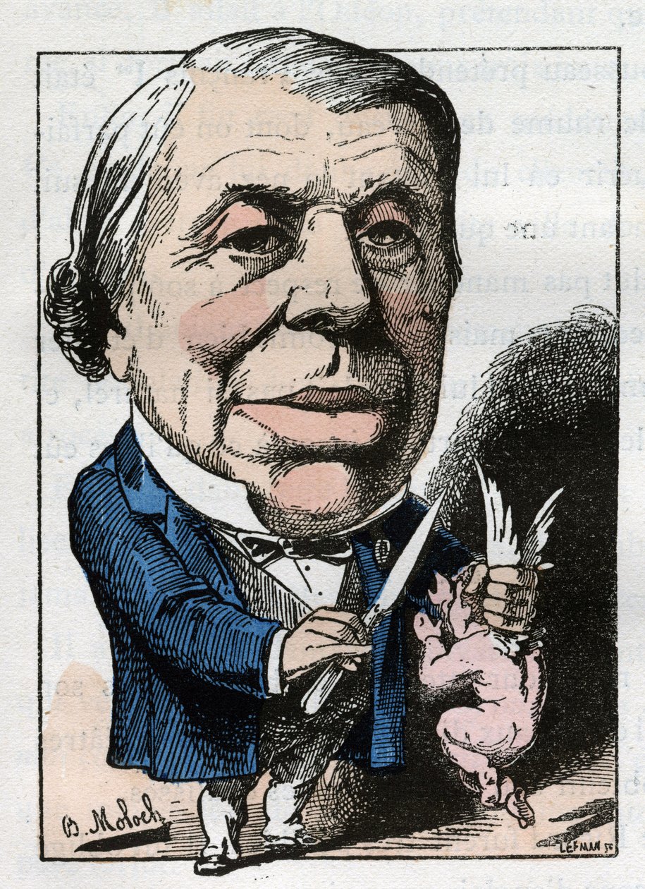 portrett av Philippe Ricord (1800-1889), fransk kirurg i "" Le Trombinoscope"" av Touchatout, tegneserie av B. Moloch fra 1882 (1849-1909). Privat samling. av Moloch