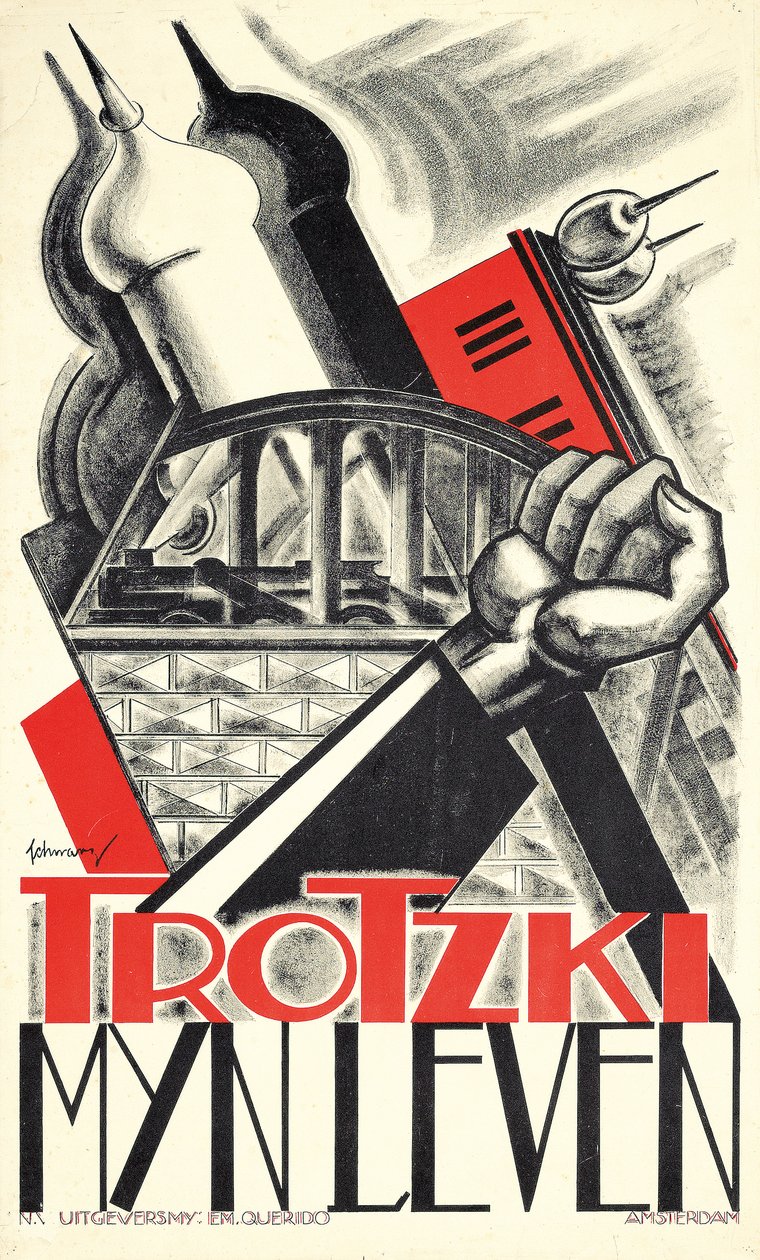 Plakat som reklamerer for Leon Trotskys selvbiografi "Mitt liv" (1930) av Mommie Schwarz