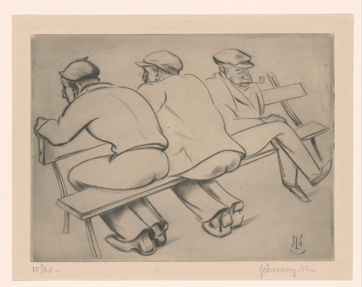 Tre menn på en sofa av Mommie Schwarz (signed by artist)