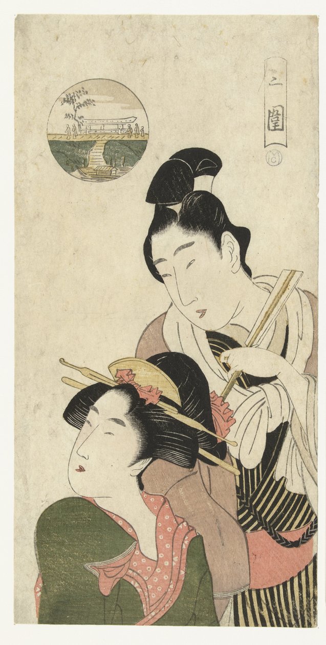 Mann og kvinne tenker på å besøke Mimeguri Mimeguri (tittel på objekt) av Momokawa Chôki (attributed to)