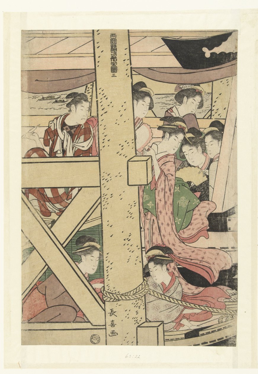 Nyter kveldskjøligheten på en båt på Ryogoku Ryogokubashi suzumibune no zu (tittel på objekt) av Momokawa Chôki