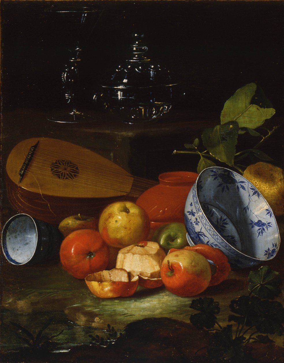 Mandolin, kopp og skål, porselen, epler, 1706 av Monari